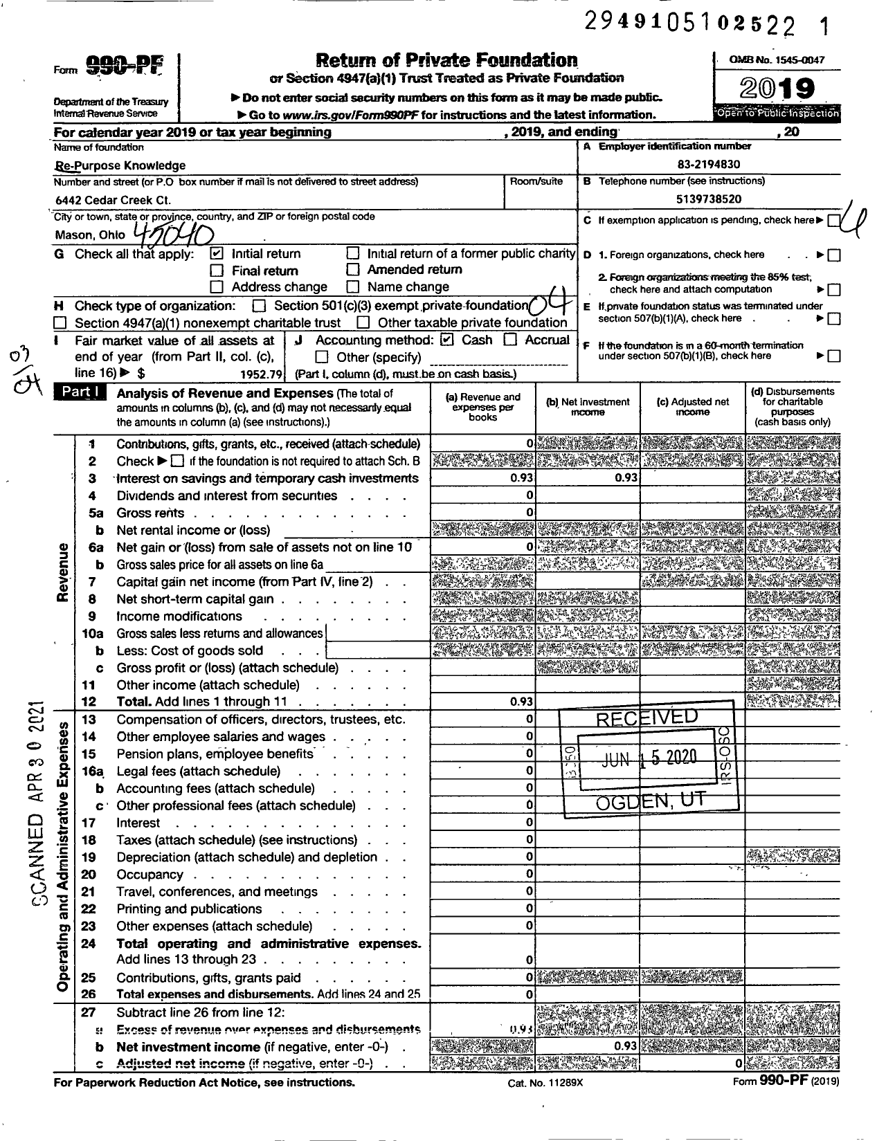 Image of first page of 2019 Form 990PF for Re-Purpose Knowledge