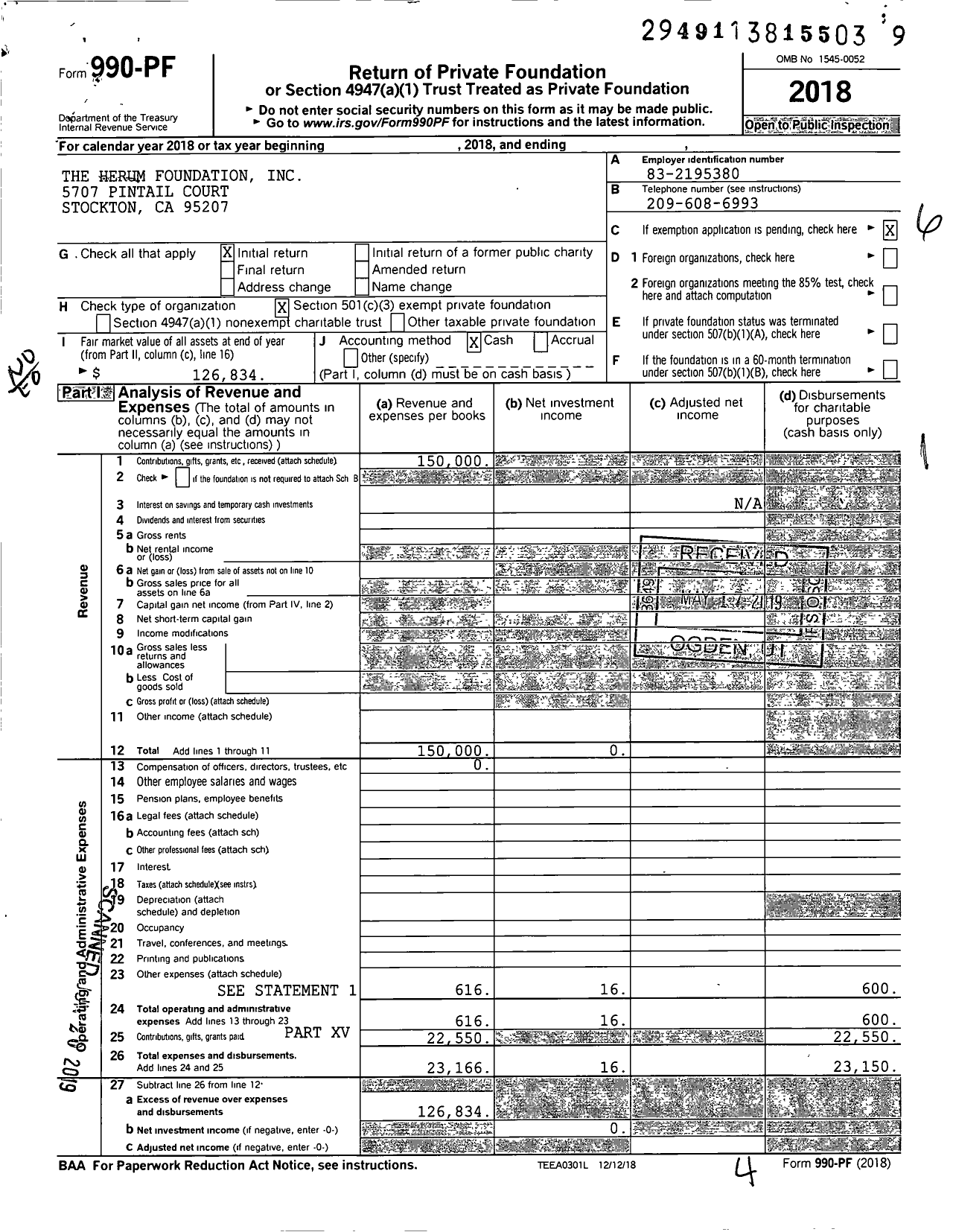 Image of first page of 2018 Form 990PF for The Herum Foundation