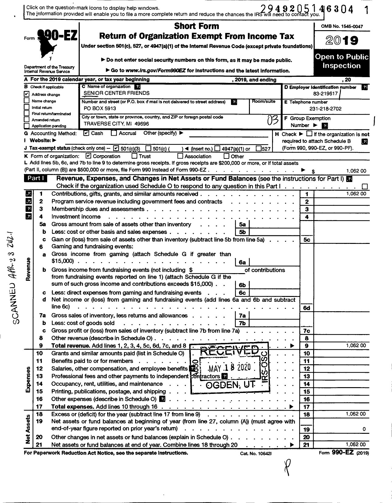 Image of first page of 2019 Form 990EZ for Senior Center Friends