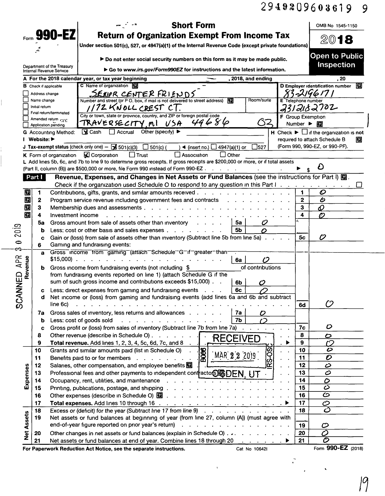 Image of first page of 2018 Form 990EZ for Senior Center Friends