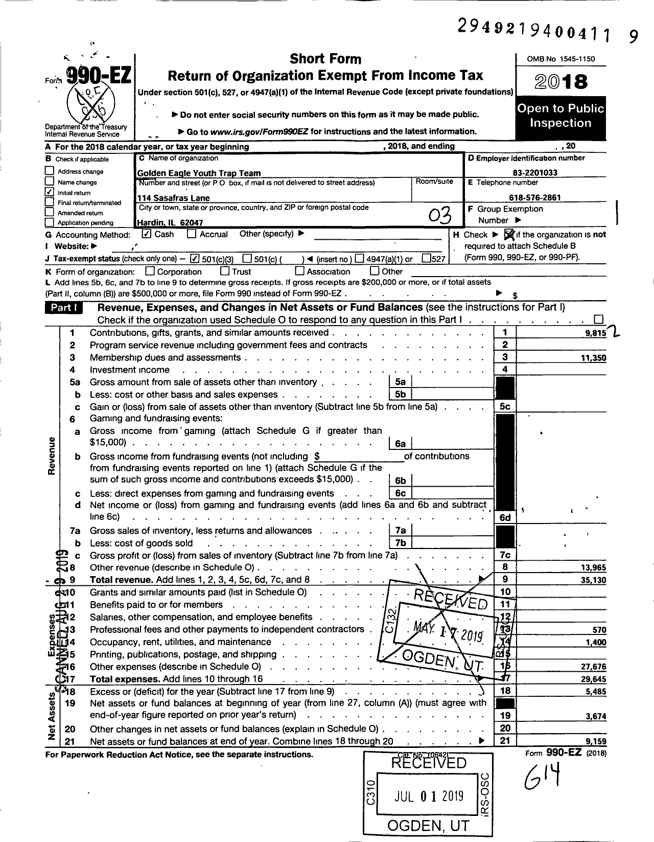 Image of first page of 2018 Form 990EZ for Golden Eagle Youth Trap Team