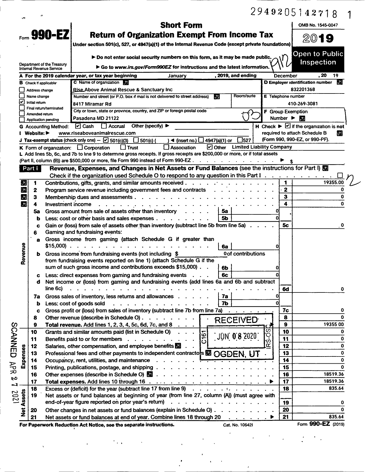 Image of first page of 2019 Form 990EZ for Rise Above Animal Rescue and Sanctuary