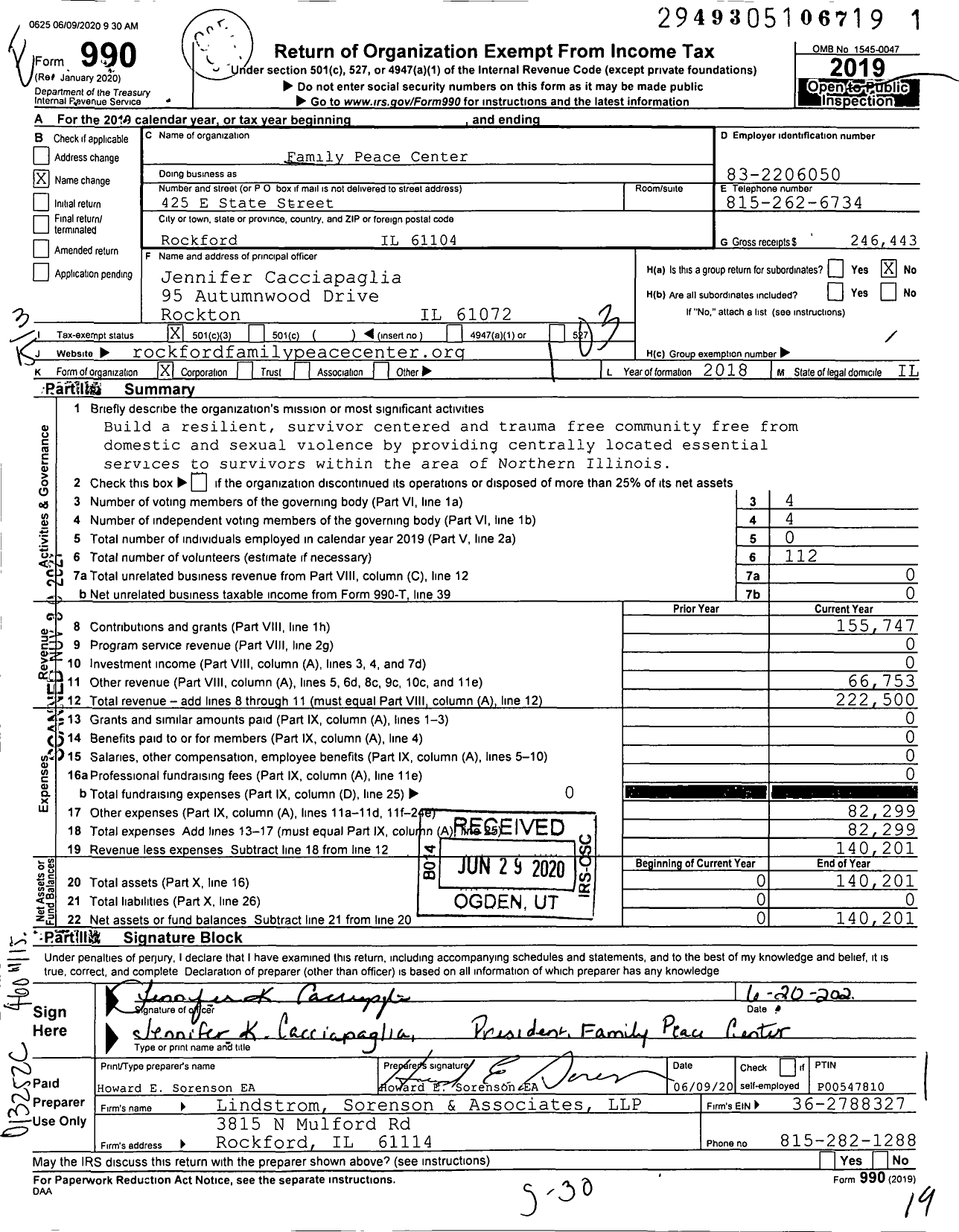 Image of first page of 2019 Form 990 for Family Peace Center