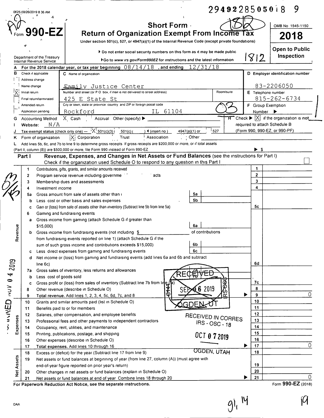 Image of first page of 2018 Form 990EZ for Family Peace Center