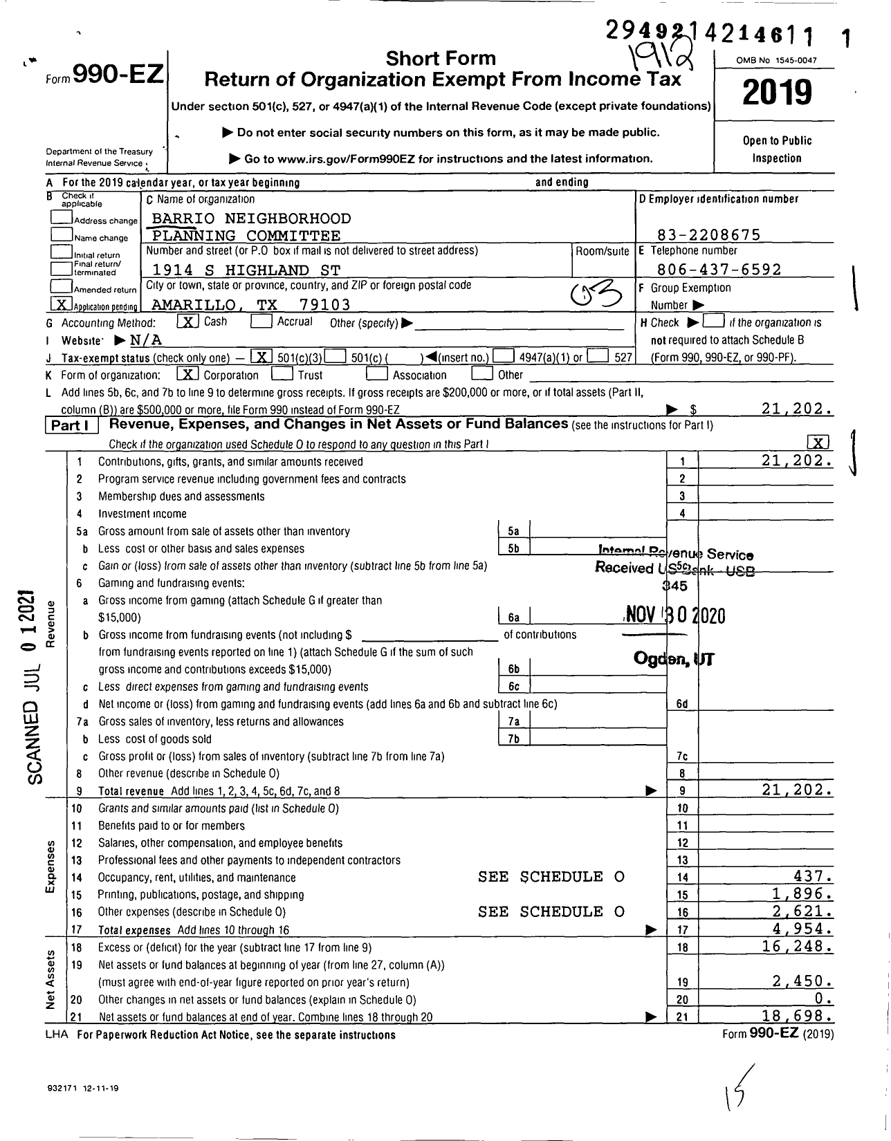 Image of first page of 2019 Form 990EZ for Barrio Neighborhood Planning Committee