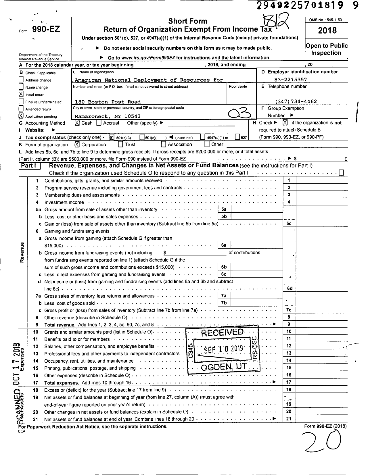 Image of first page of 2018 Form 990EZ for Opportunity and Intellectual D