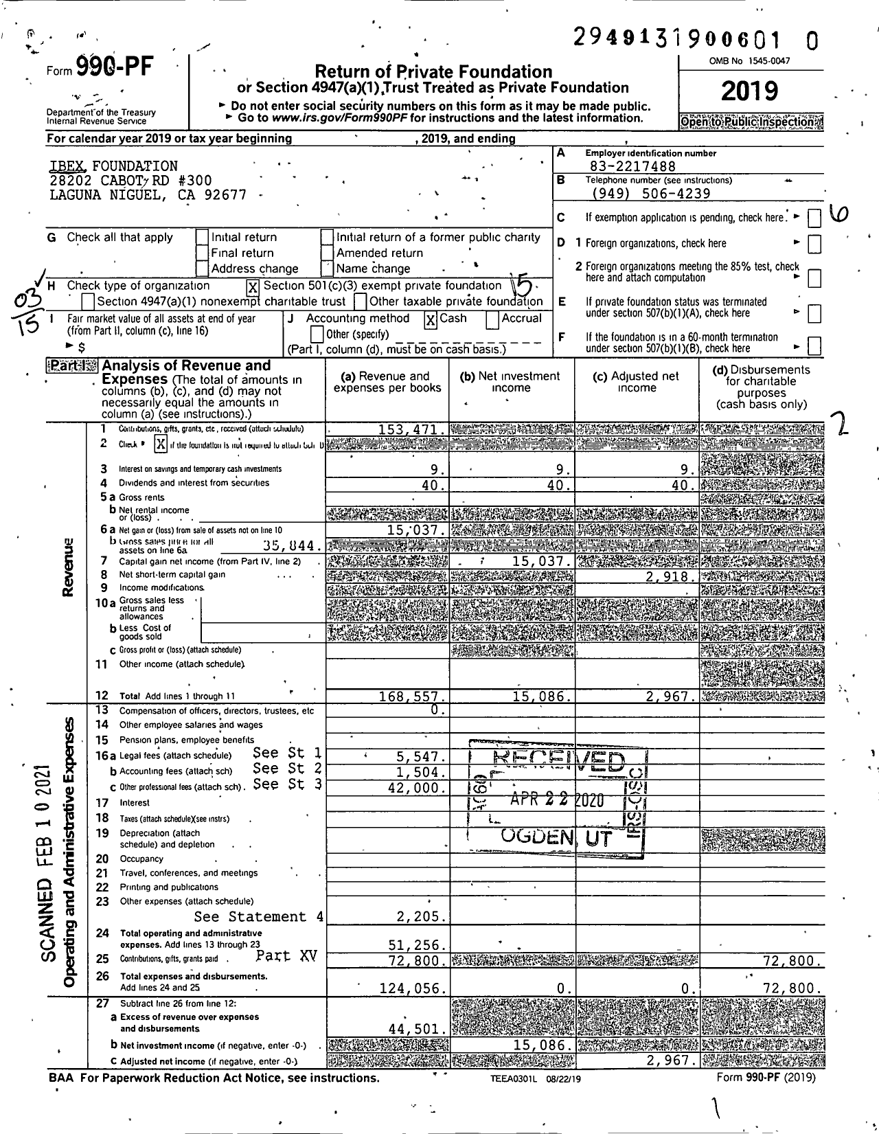 Image of first page of 2019 Form 990PF for Steven M Sorenson Foundation