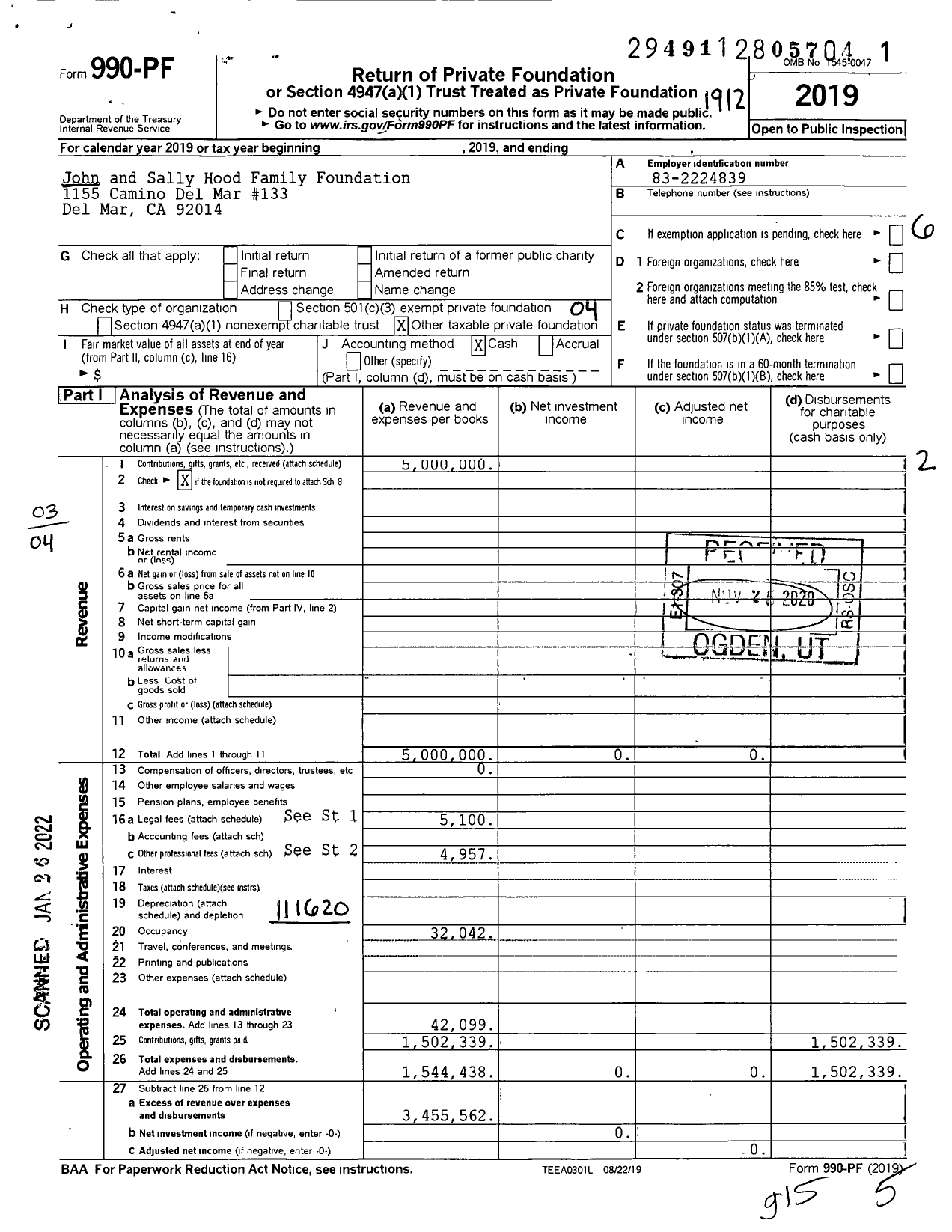 Image of first page of 2019 Form 990PF for John and Sally Hood Family Foundation
