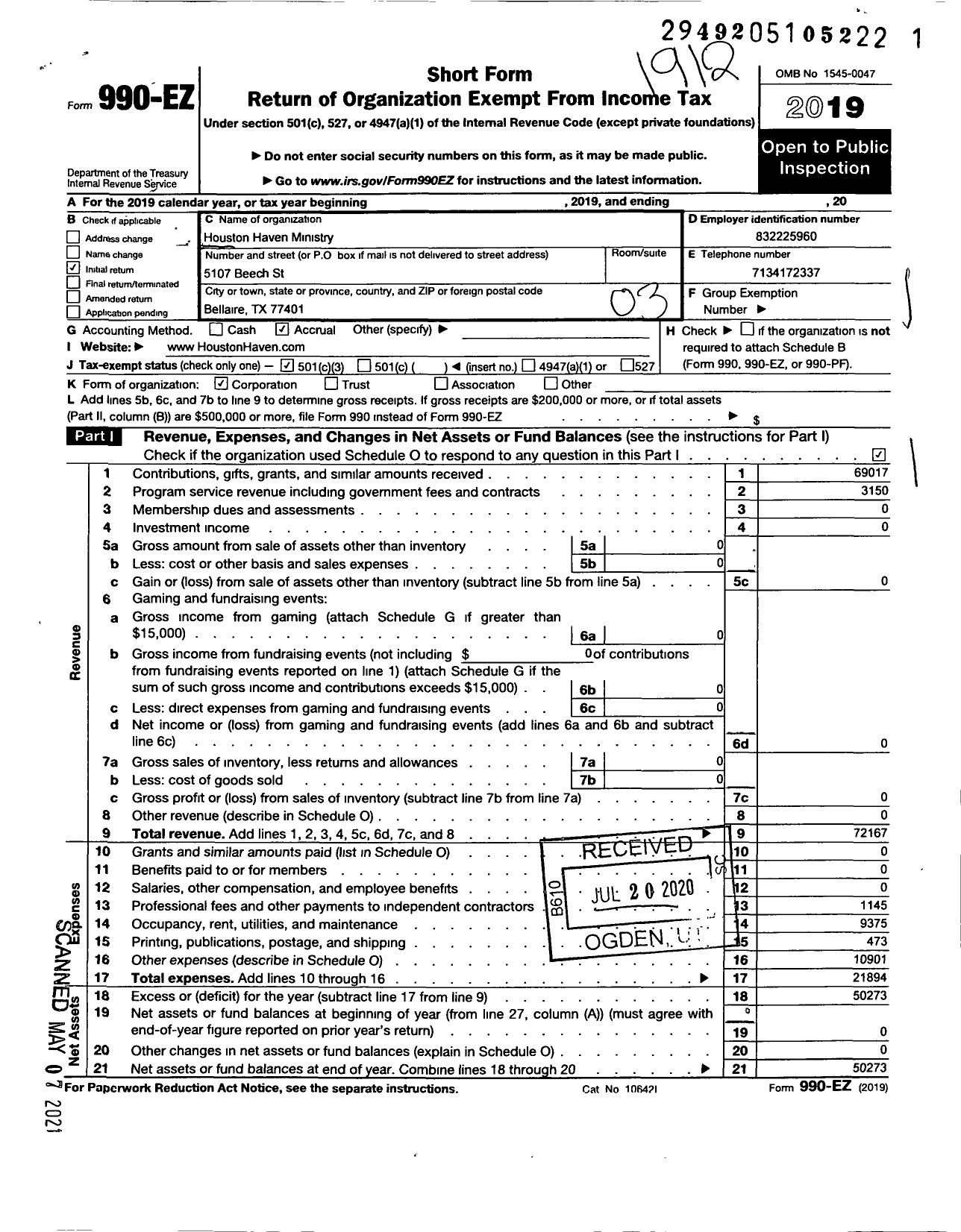 Image of first page of 2019 Form 990EZ for Houston Haven Ministry