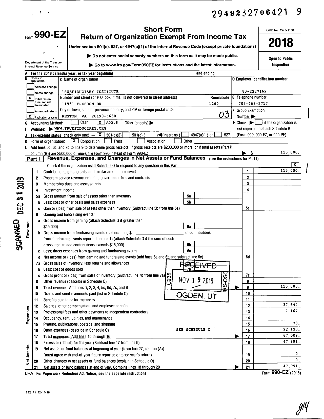 Image of first page of 2018 Form 990EZ for Truefiduciary Institute