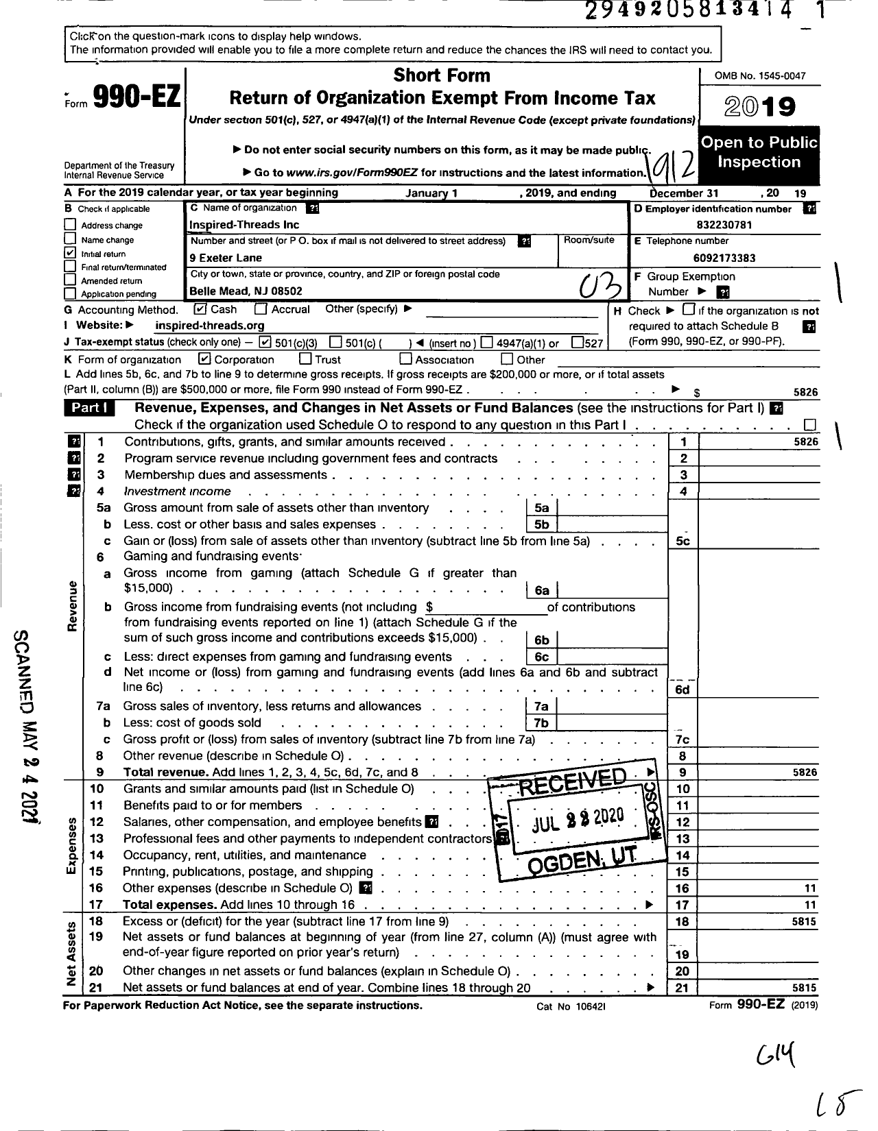 Image of first page of 2019 Form 990EZ for Inspired-Threads