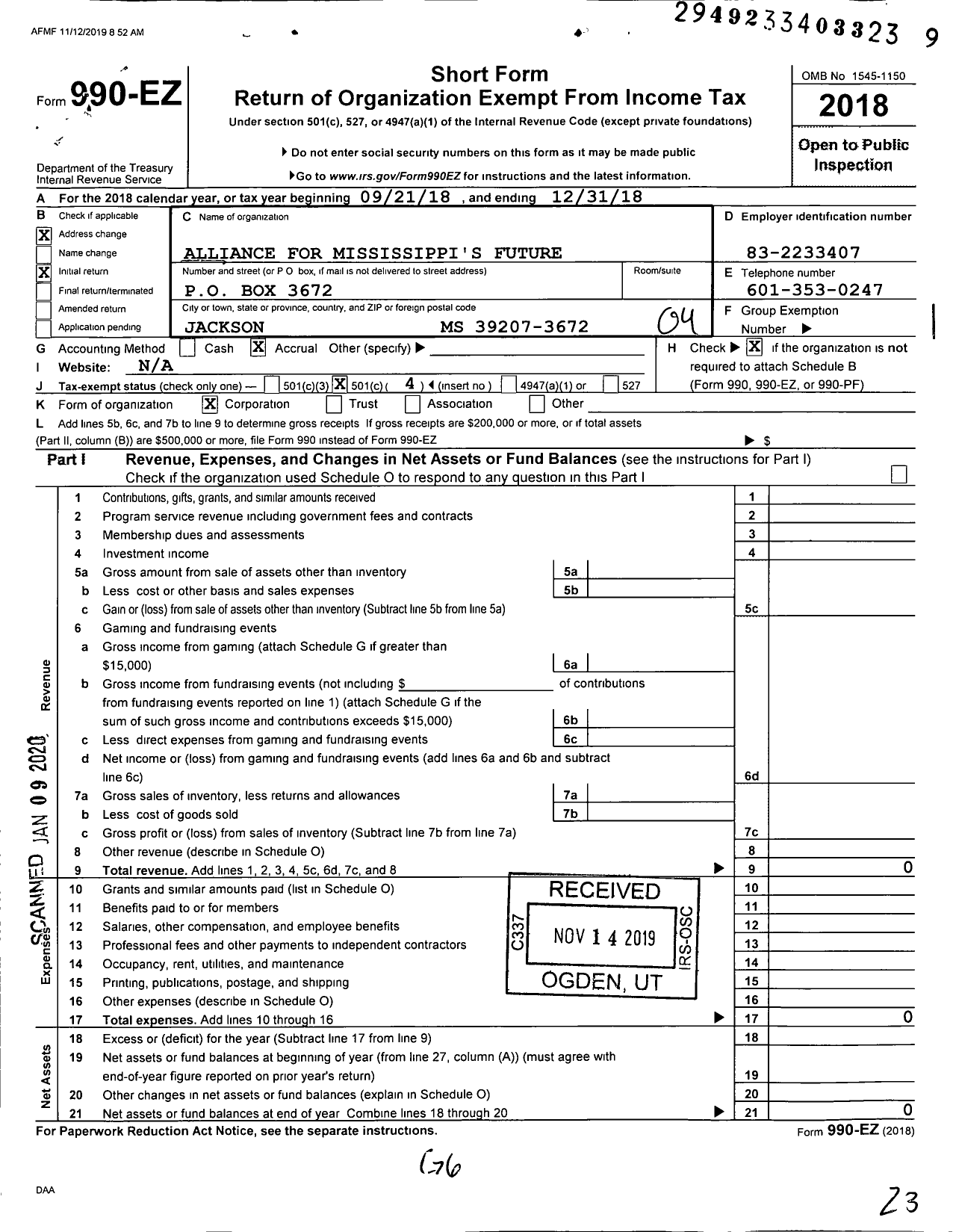 Image of first page of 2018 Form 990EO for Alliance for Mississippi's Future