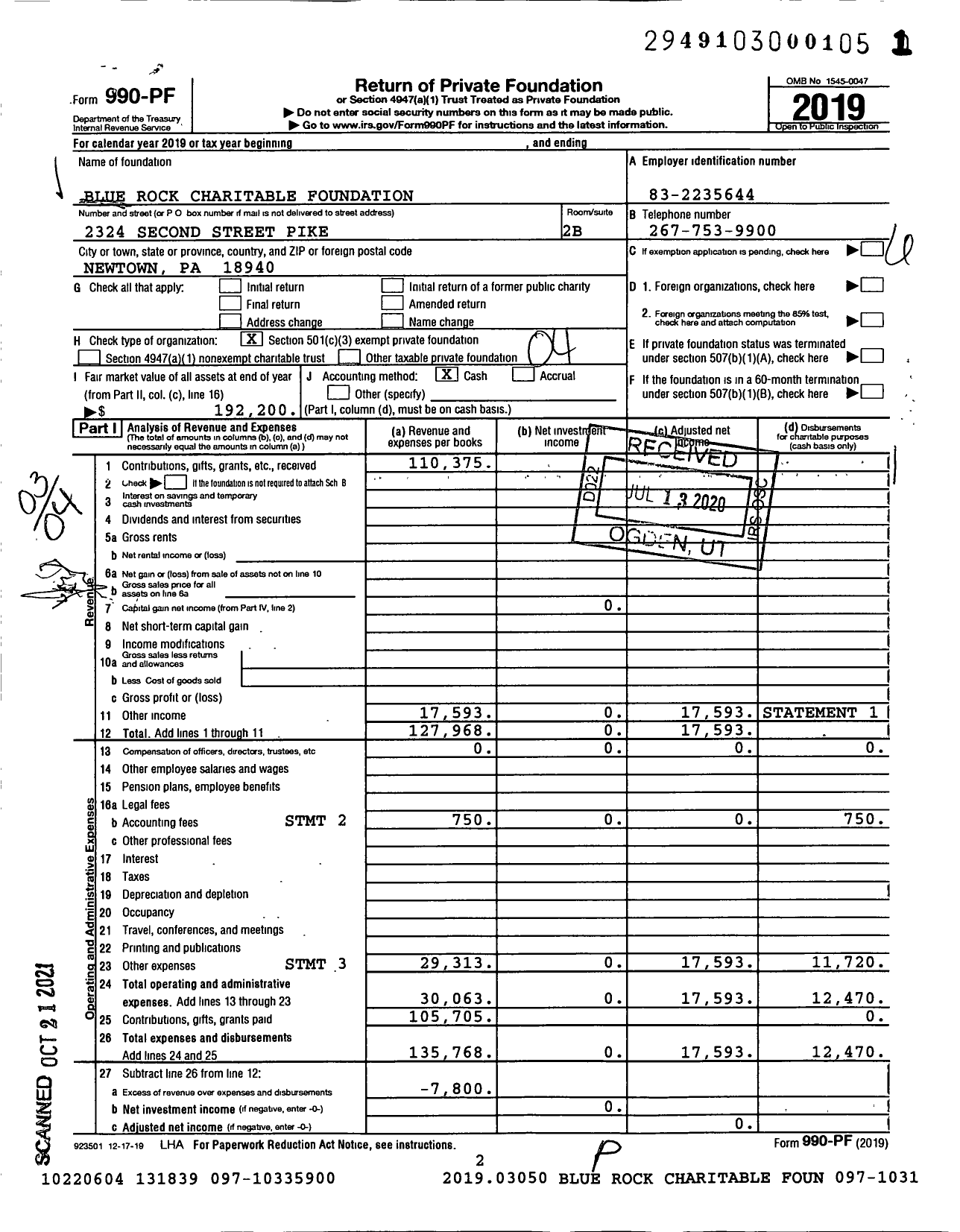 Image of first page of 2019 Form 990PF for Blue Rock Charitable Foundation