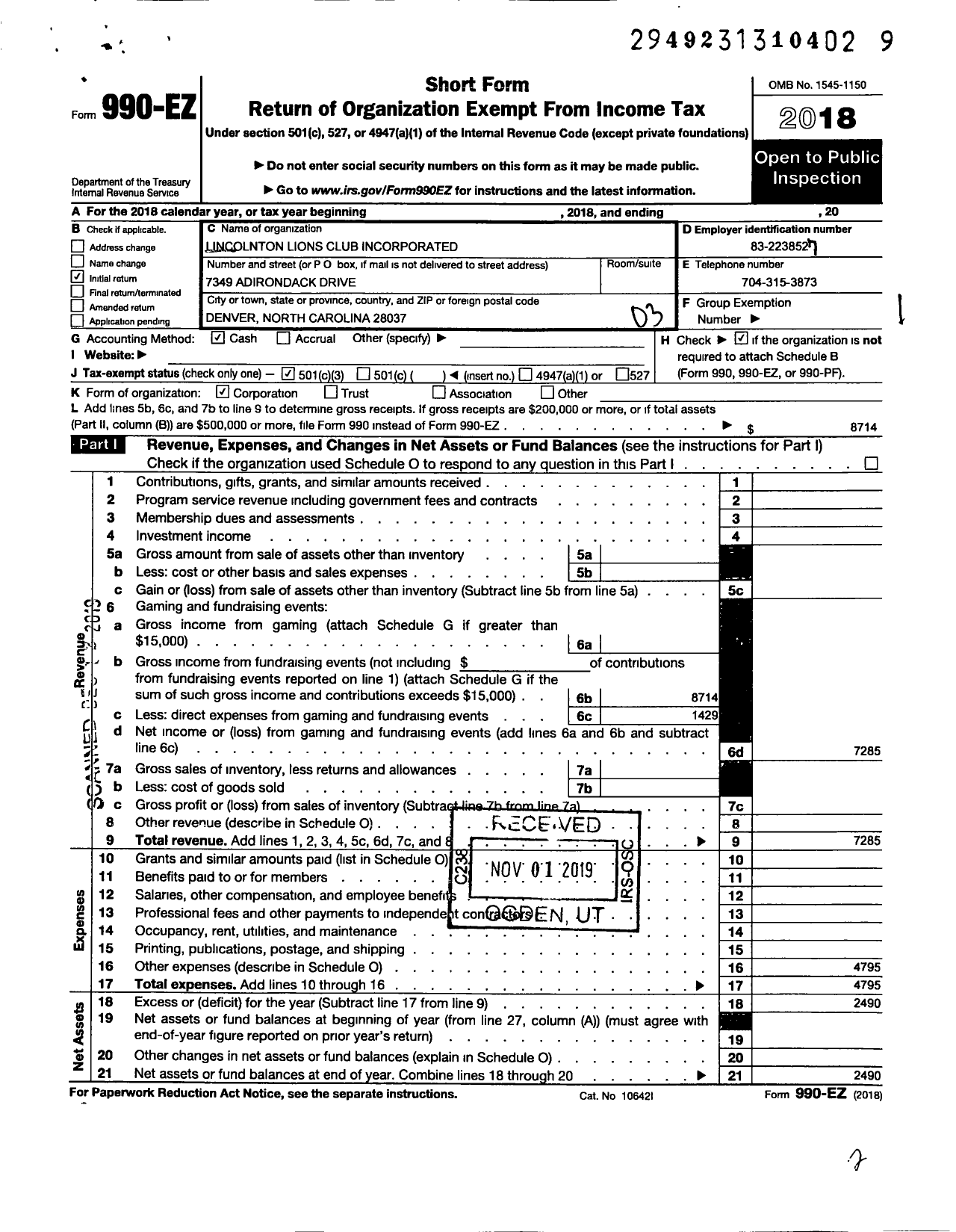 Image of first page of 2018 Form 990EZ for Lincolnton Lions Club Incorporated