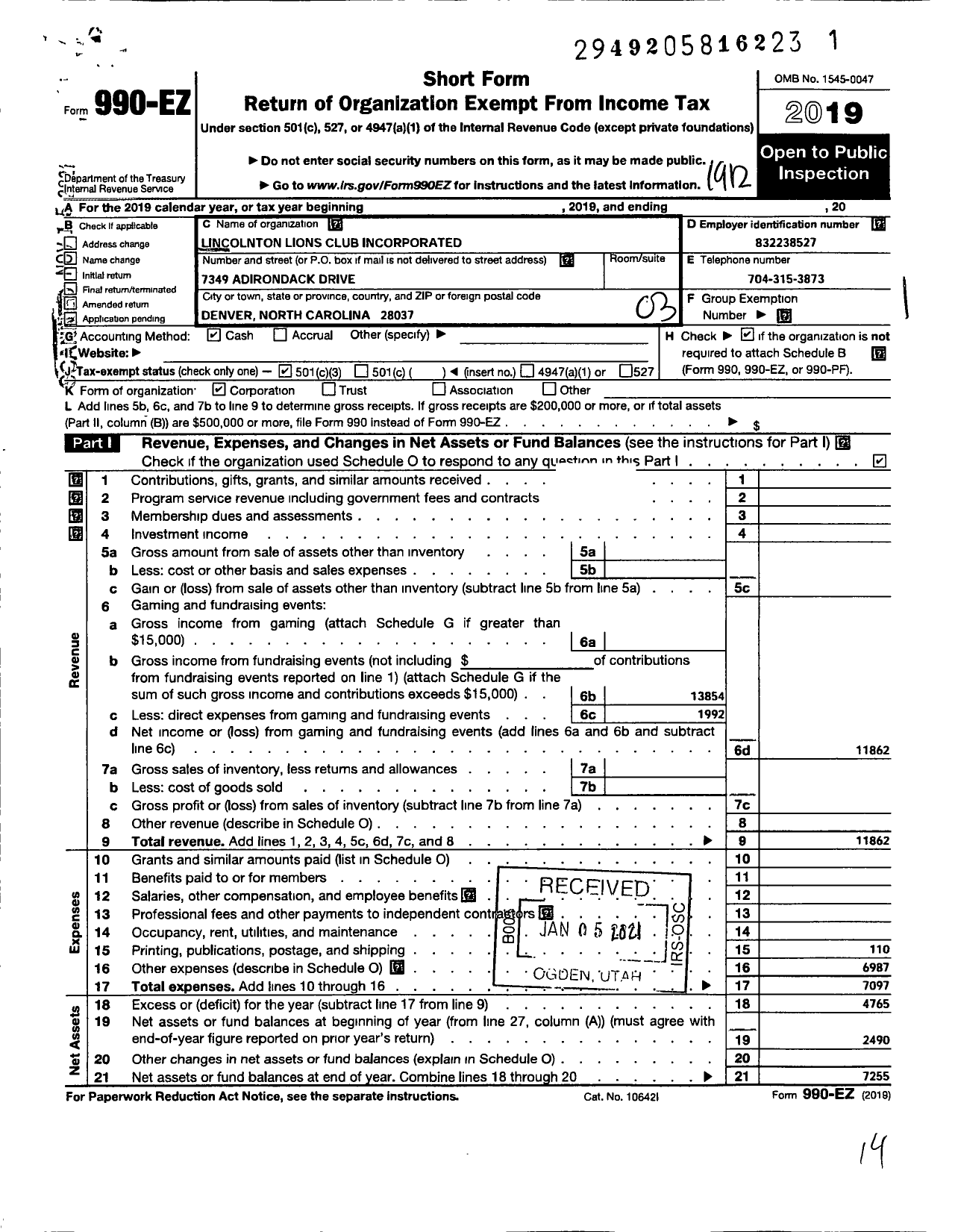 Image of first page of 2019 Form 990EZ for Lincolnton Lions Club Incorporated