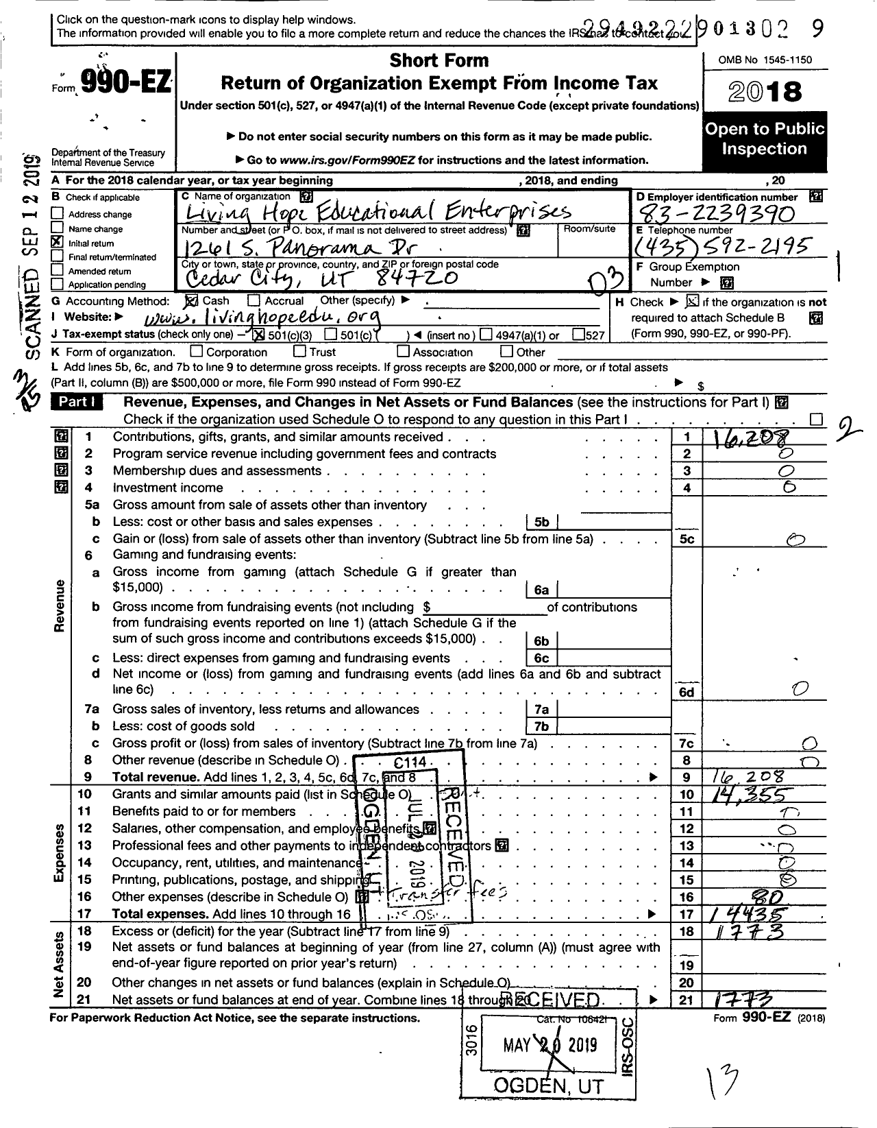 Image of first page of 2018 Form 990EZ for Living Hope Educational Enterprises