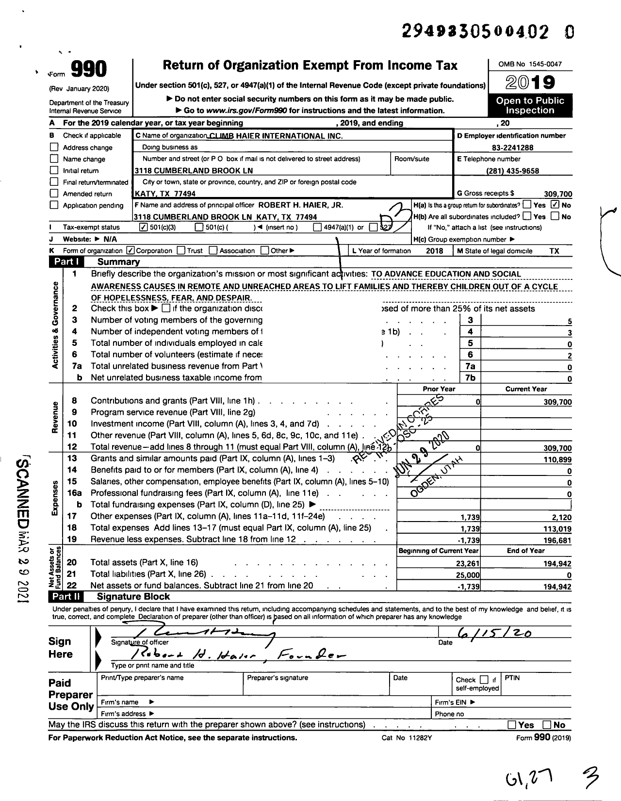 Image of first page of 2019 Form 990 for Climb Haier International