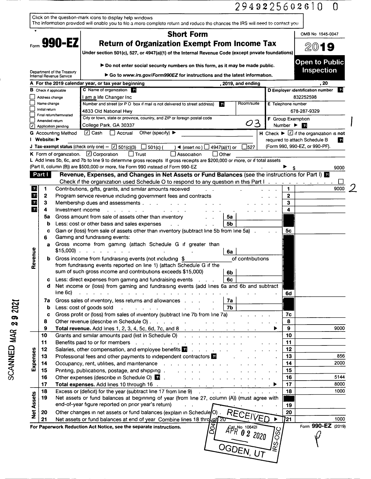 Image of first page of 2019 Form 990EZ for I Am A Life Changer