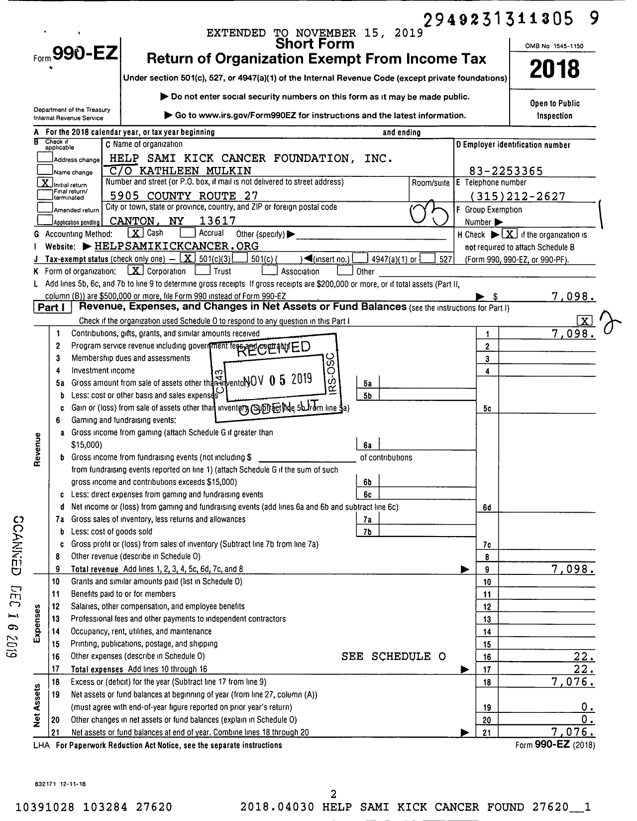 Image of first page of 2018 Form 990EZ for Help Sami Kick Cancer Foundation