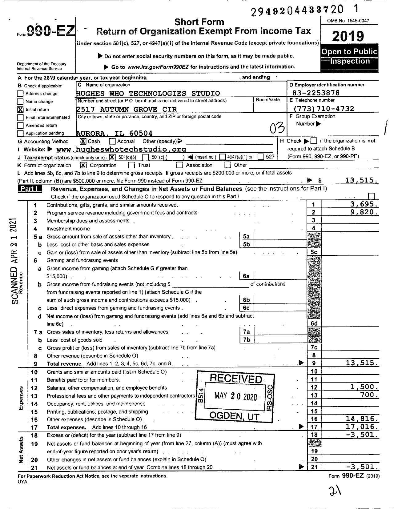 Image of first page of 2019 Form 990EZ for Hughes Who Technologies Studio