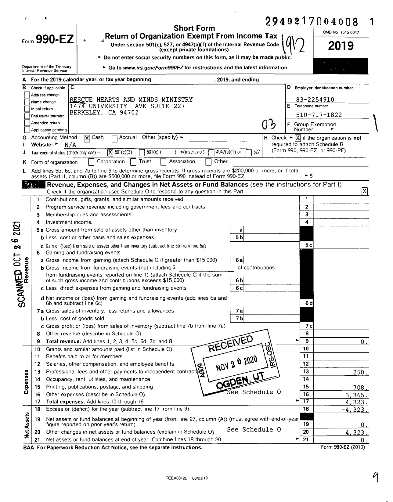 Image of first page of 2019 Form 990EZ for Rescue Hearts and Minds Ministry