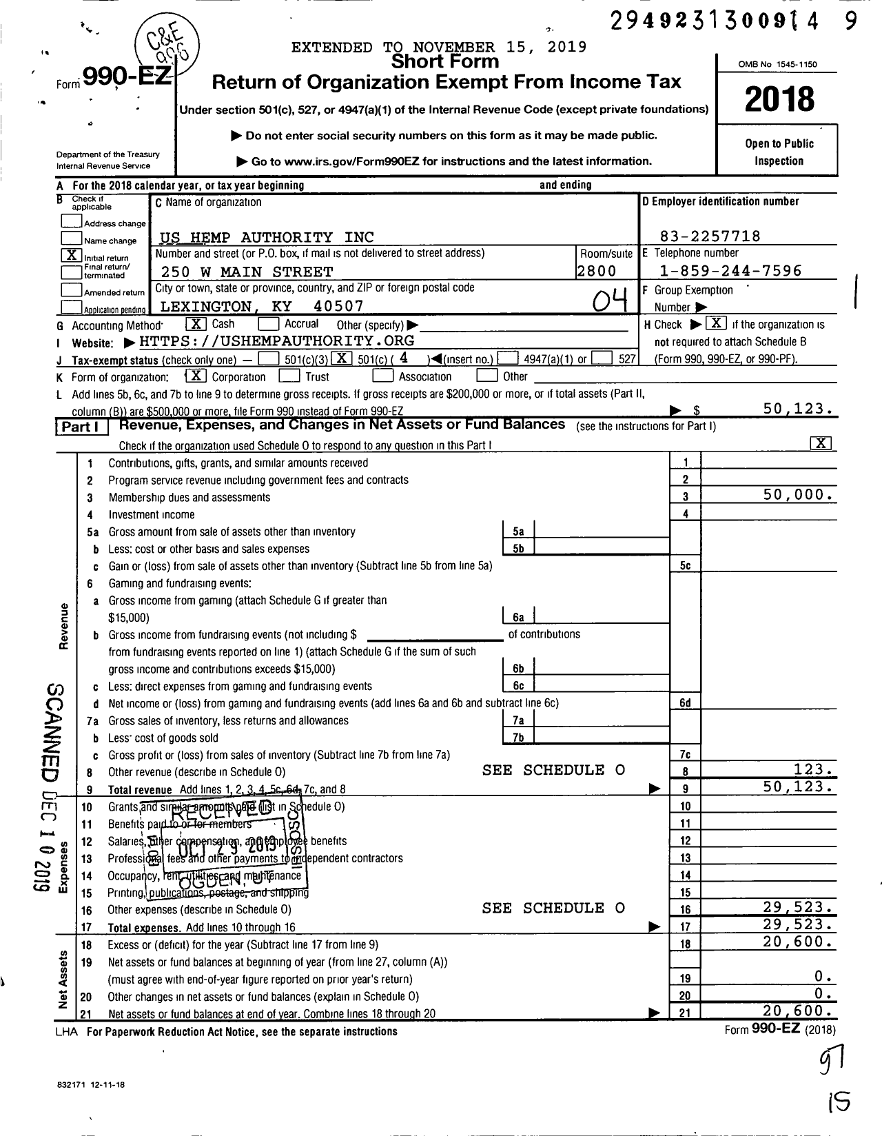 Image of first page of 2018 Form 990EO for Us Hemp Authority