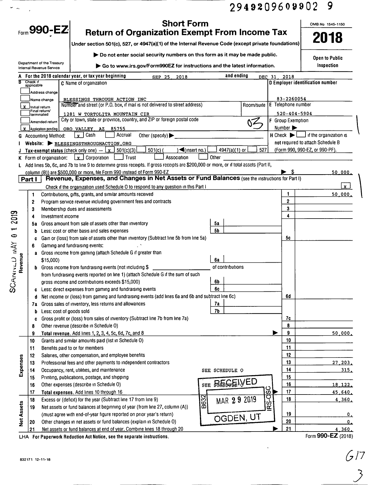 Image of first page of 2018 Form 990EZ for Blessings Through Action