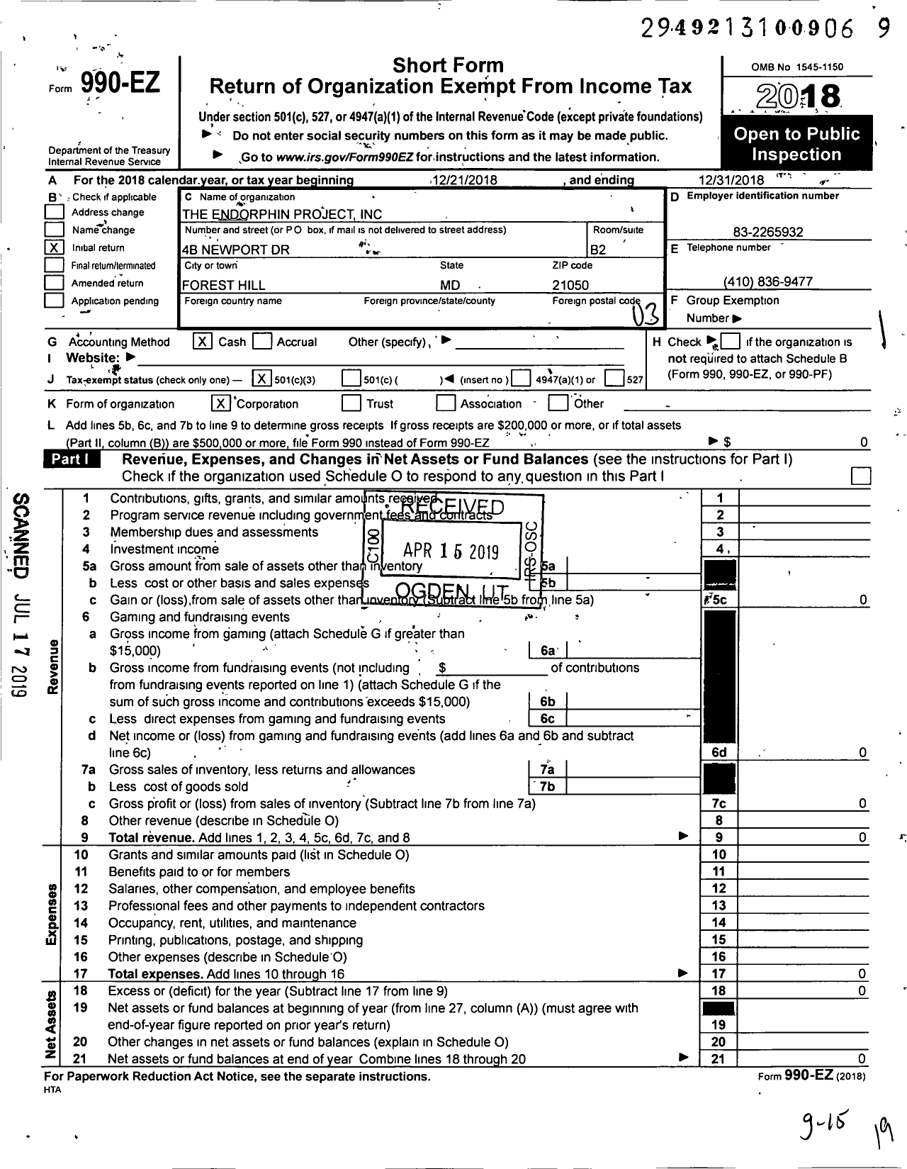 Image of first page of 2018 Form 990EZ for The Endorphin Project