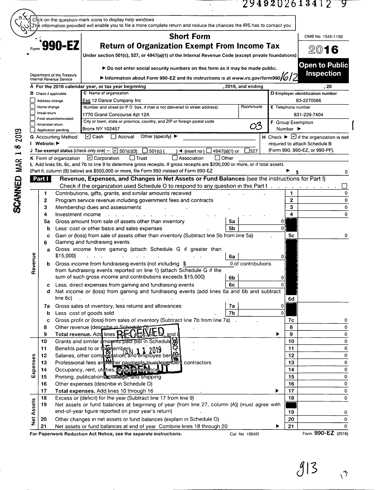 Image of first page of 2016 Form 990EZ for Exit 12 Dance Company