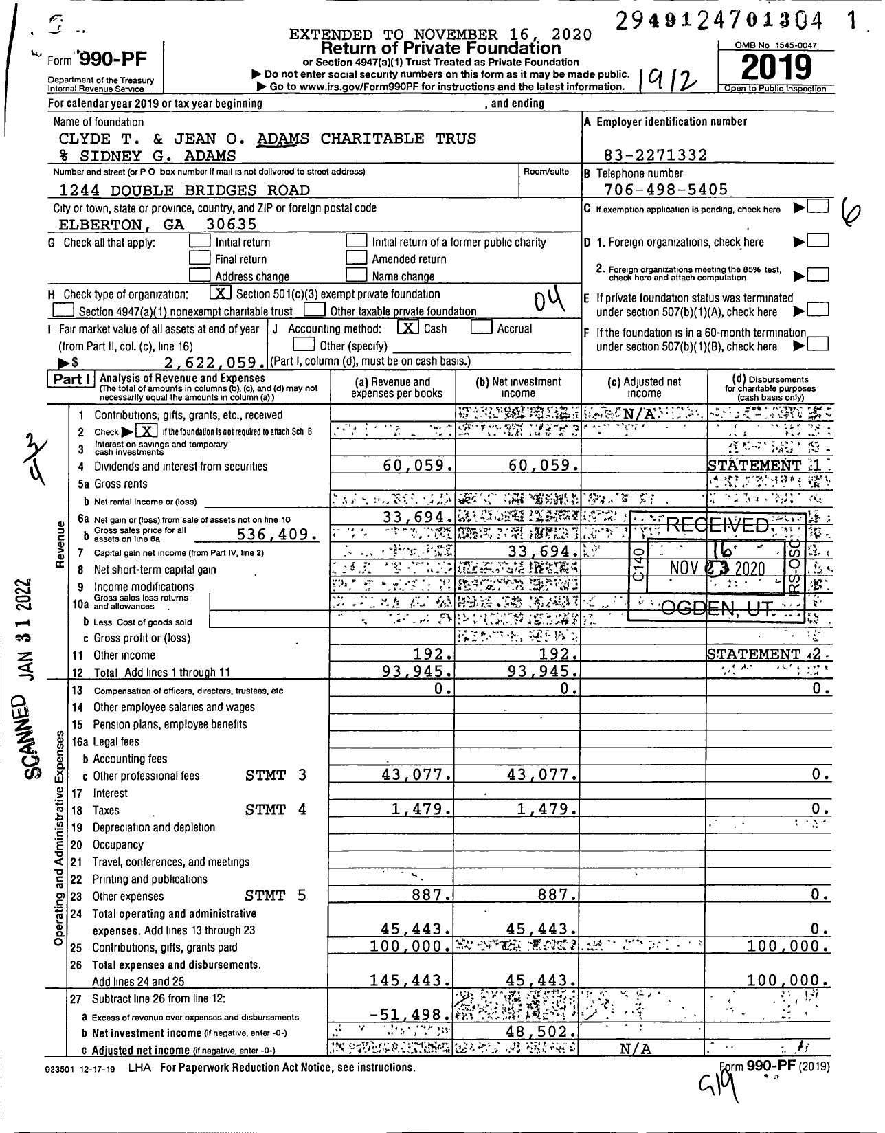 Image of first page of 2019 Form 990PF for Clyde T and Jean O Adams Charitable Trust