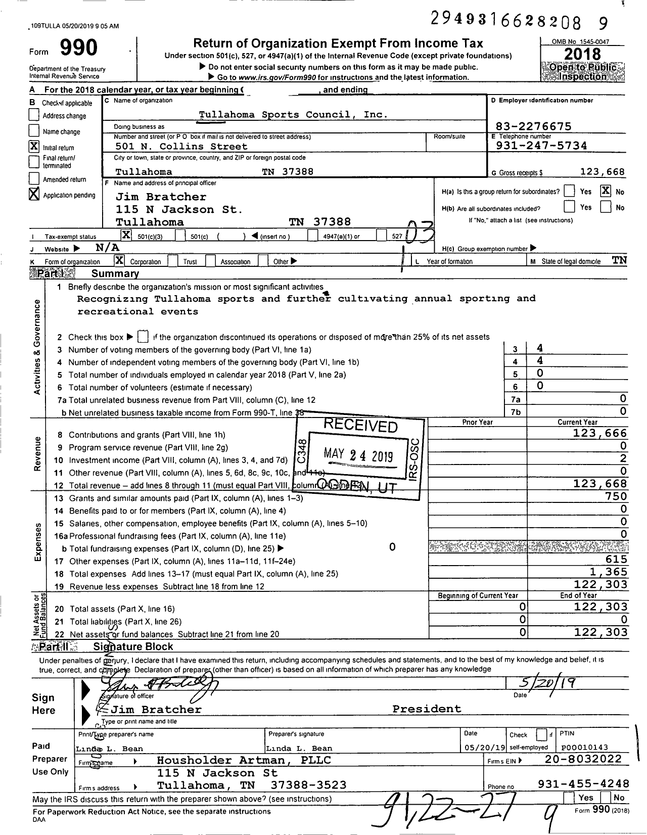 Image of first page of 2018 Form 990 for Tullahoma Sports Council