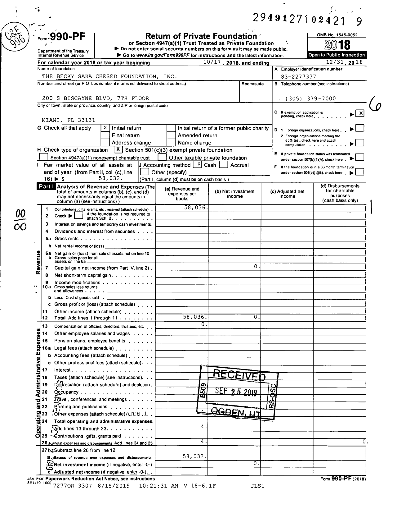 Image of first page of 2018 Form 990PF for The Becky Saka Chesed Foundation