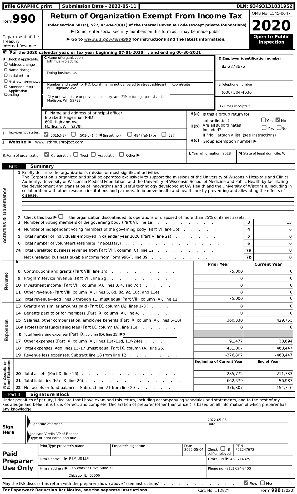 Image of first page of 2020 Form 990 for Isthmus Project