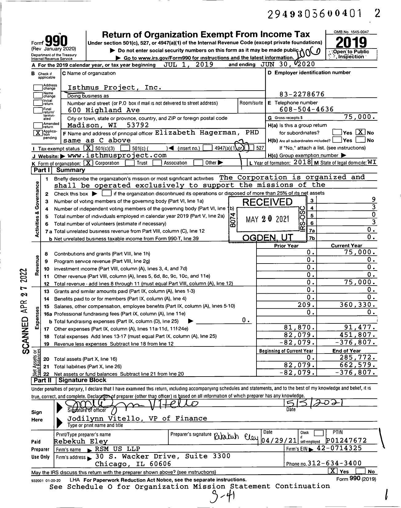 Image of first page of 2019 Form 990 for Isthmus Project