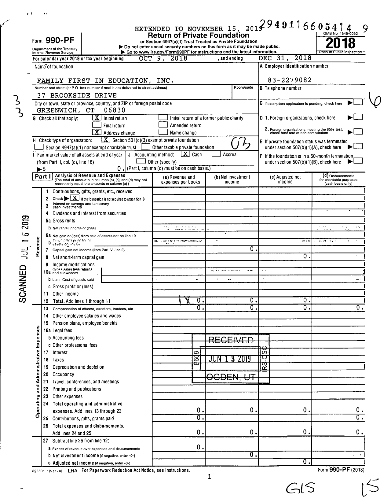 Image of first page of 2018 Form 990PF for Family First in Education