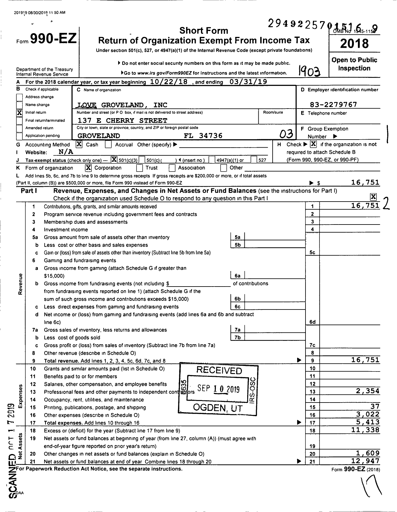 Image of first page of 2018 Form 990EZ for Love Groveland