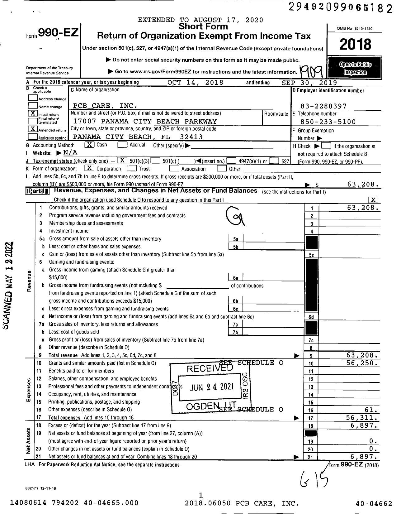 Image of first page of 2018 Form 990EZ for PCB Care