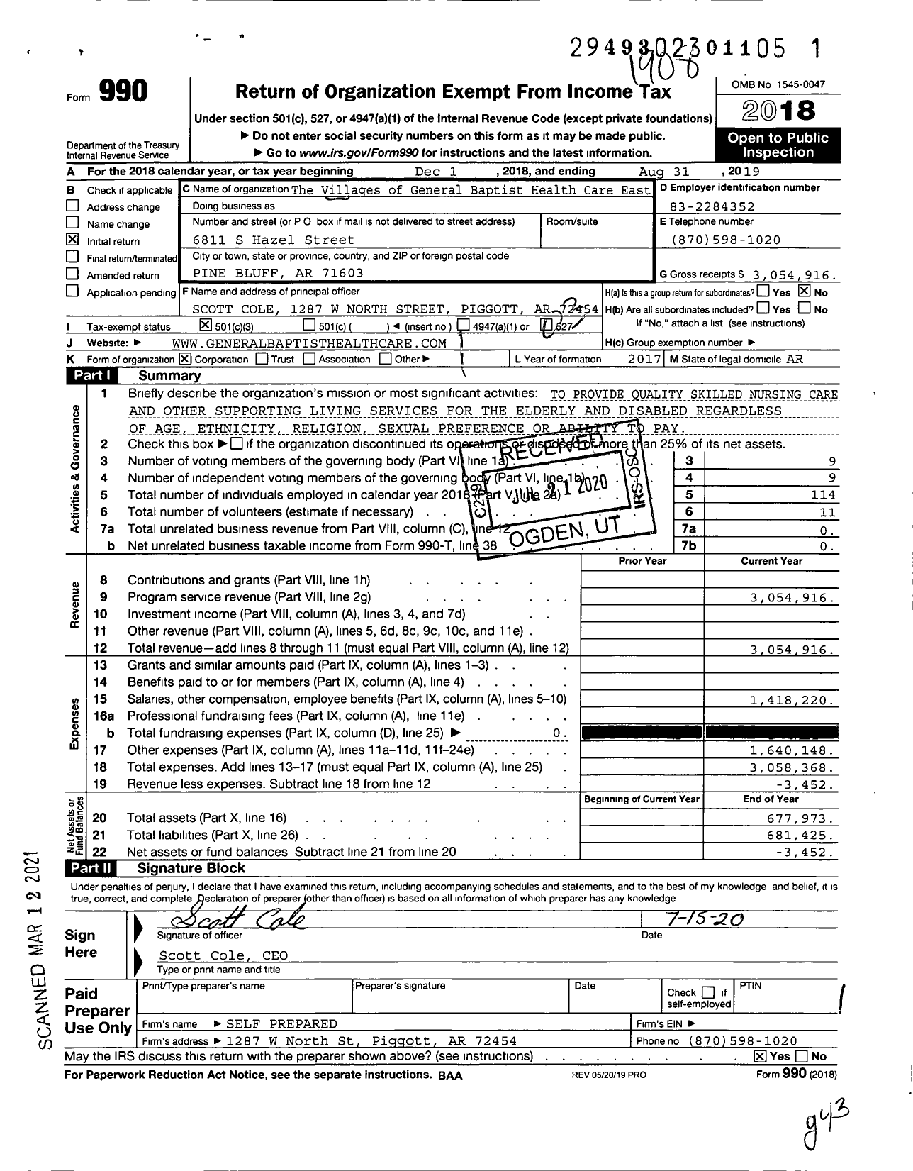 Image of first page of 2018 Form 990 for The Villages of General Baptist Health Care East