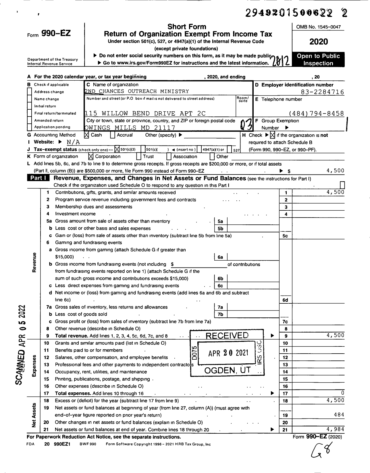 Image of first page of 2020 Form 990EZ for 2nd Chances Outreach Ministry Worldwide