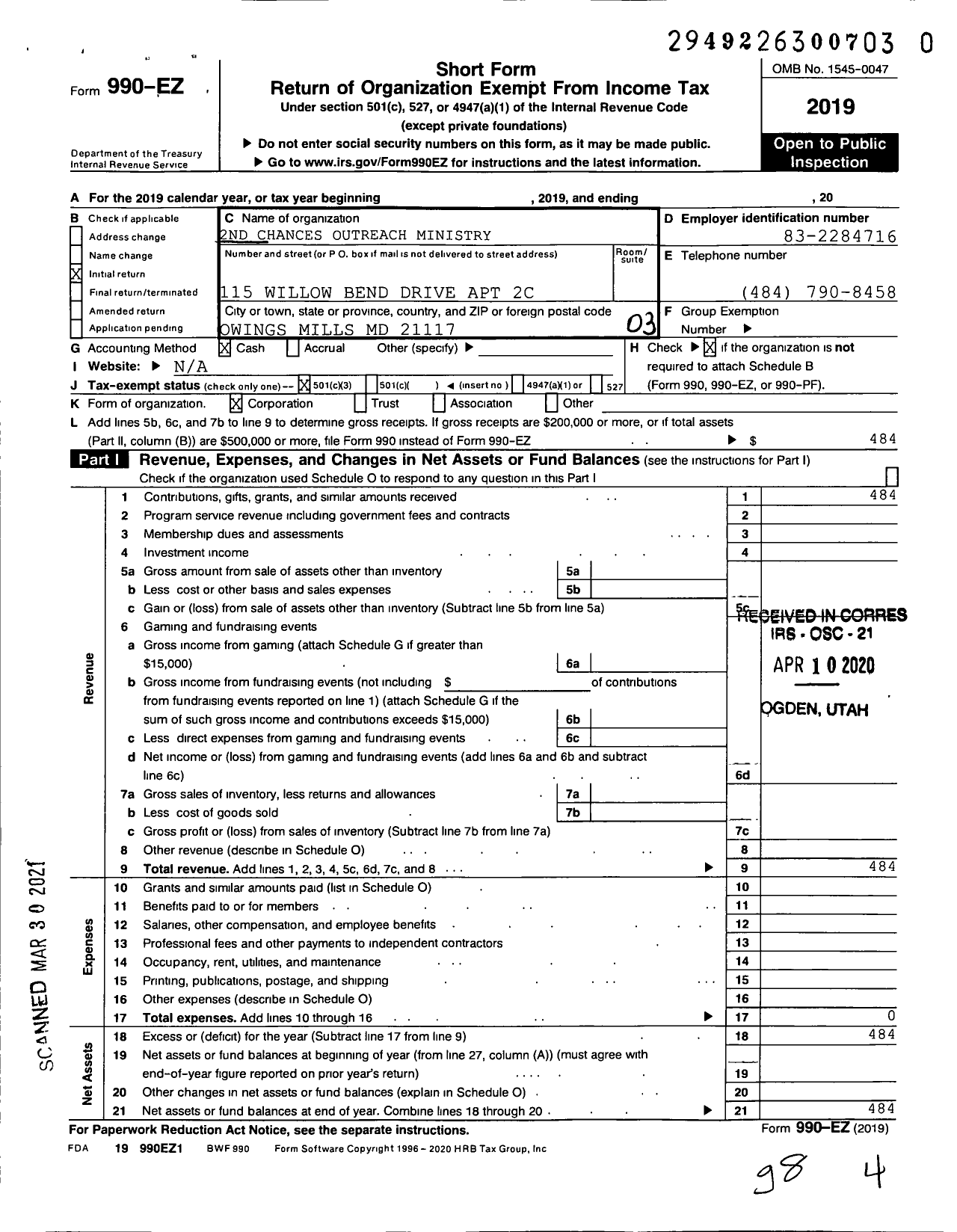 Image of first page of 2019 Form 990EZ for 2nd Chances Outreach Ministry Worldwide