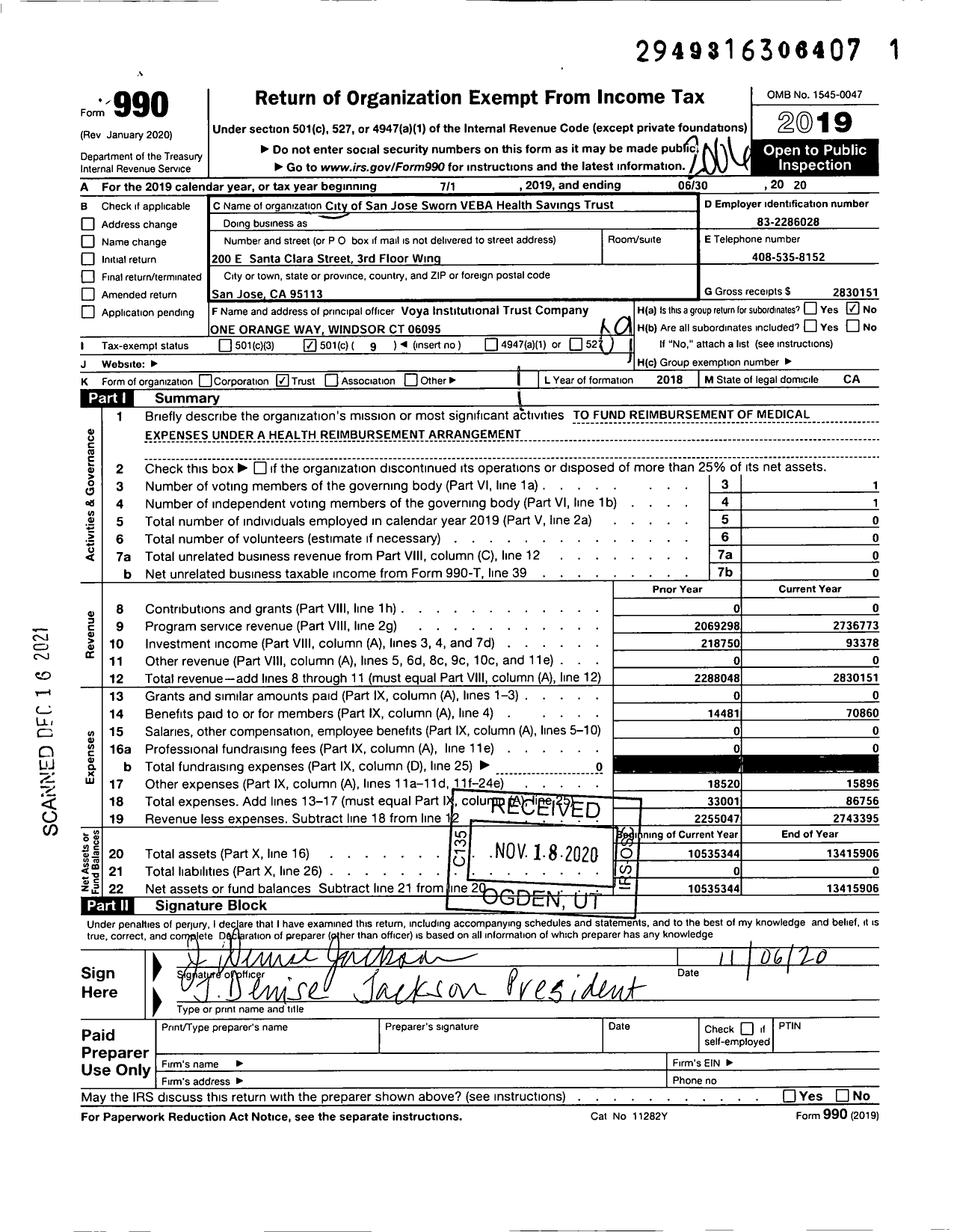 Image of first page of 2019 Form 990O for City of San Jose Sworn Veba Health Savings Trust