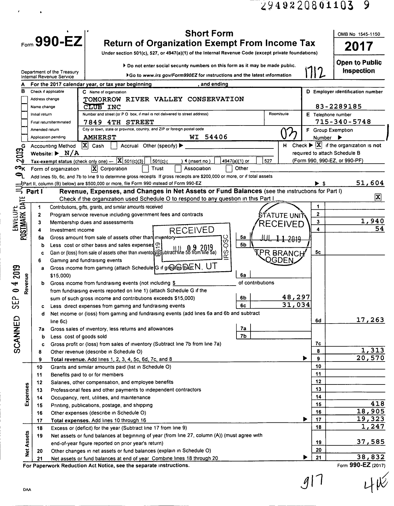 Image of first page of 2017 Form 990EZ for Tomorrow River Valley Conservation Club