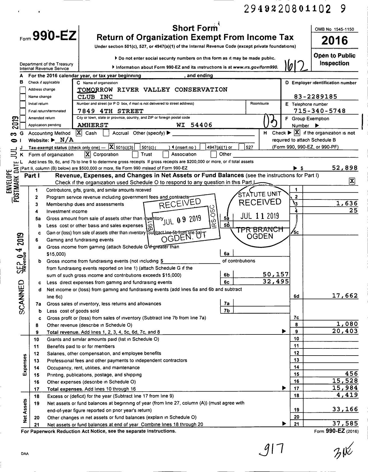 Image of first page of 2016 Form 990EZ for Tomorrow River Valley Conservation Club