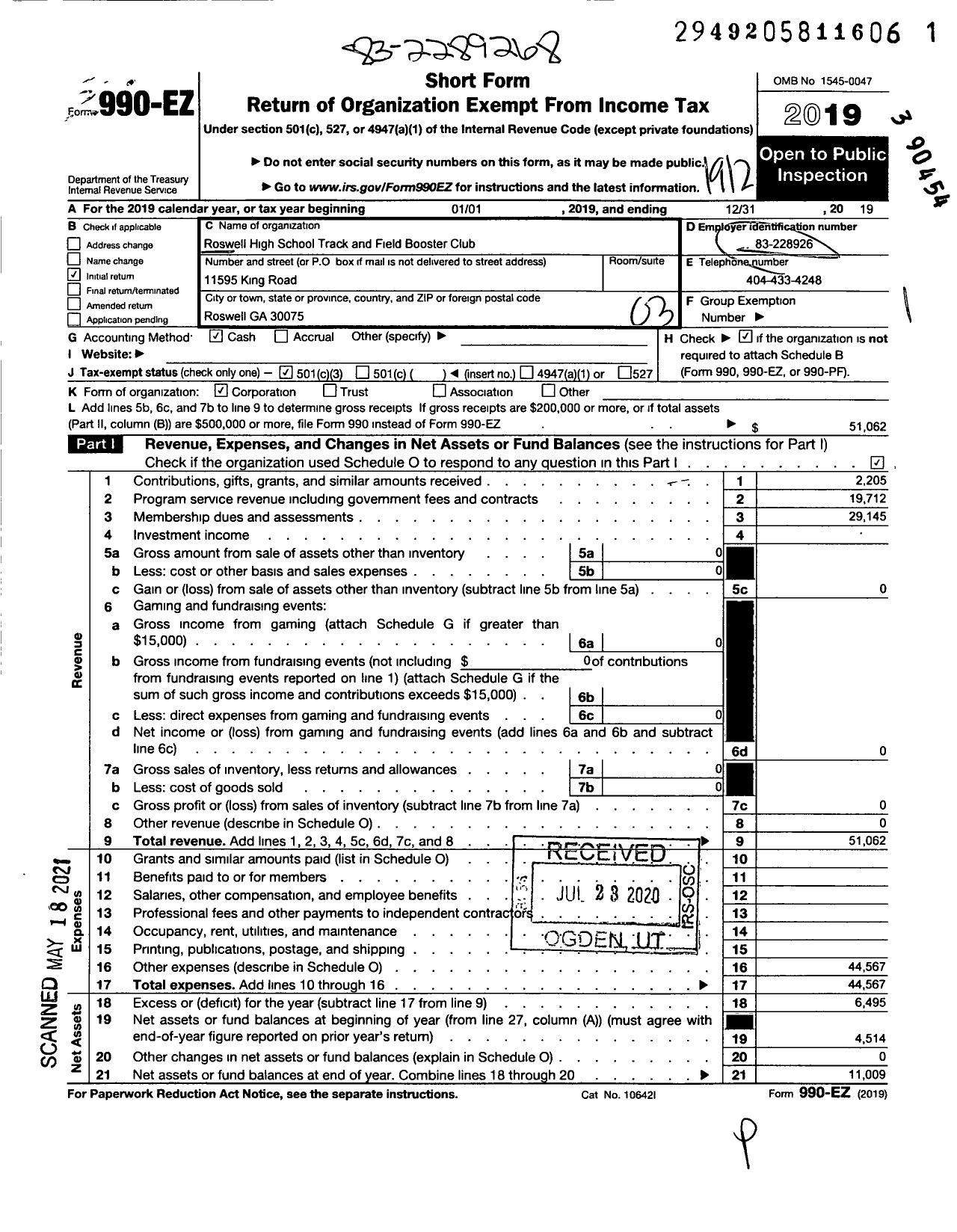 Image of first page of 2019 Form 990EZ for Roswell High School Track and Field Booster Club