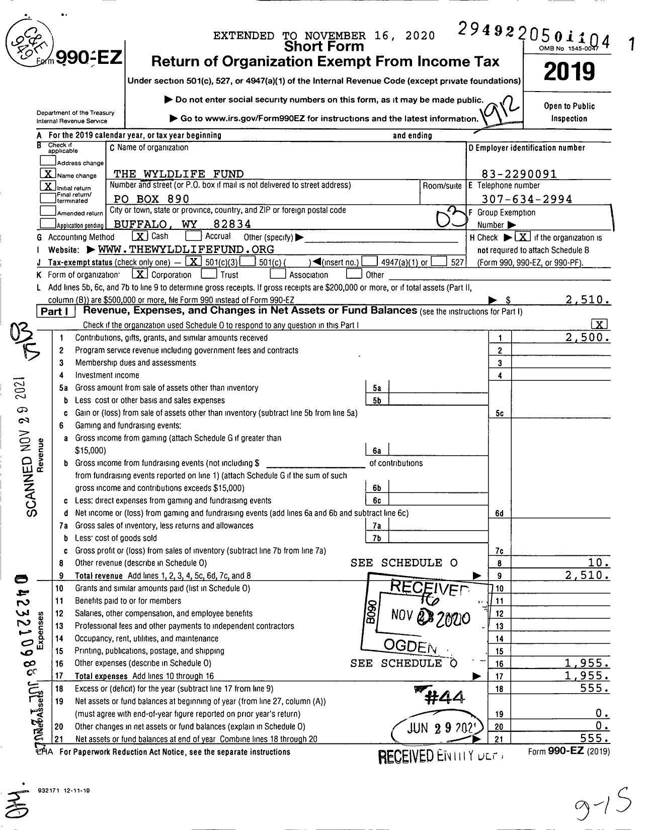 Image of first page of 2019 Form 990EZ for The Wyldlife Fund