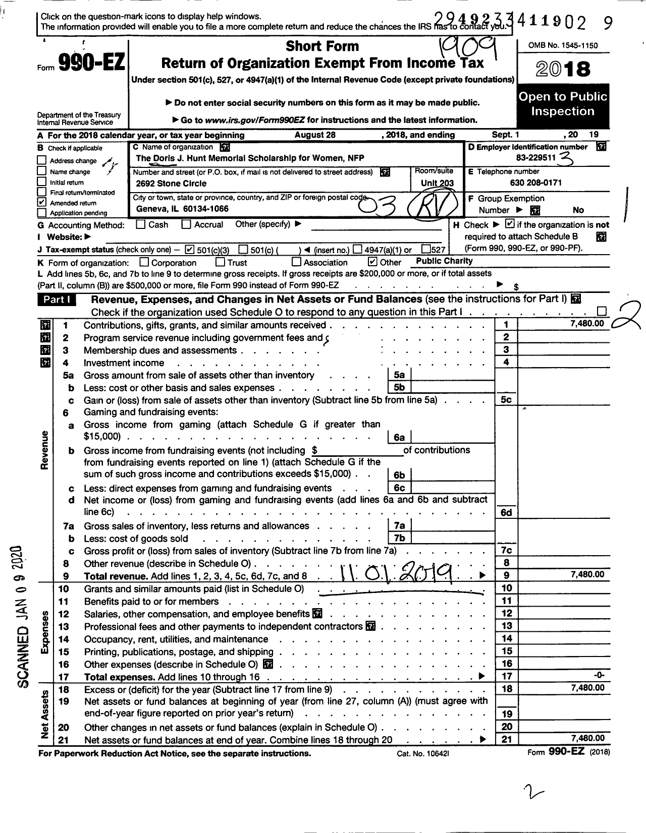 Image of first page of 2018 Form 990EZ for The Doris J Hunt Scholarship for Women NFP