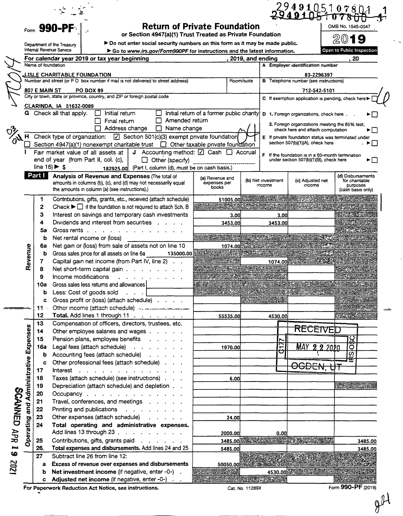 Image of first page of 2019 Form 990PF for Lisle Charitable Foundation