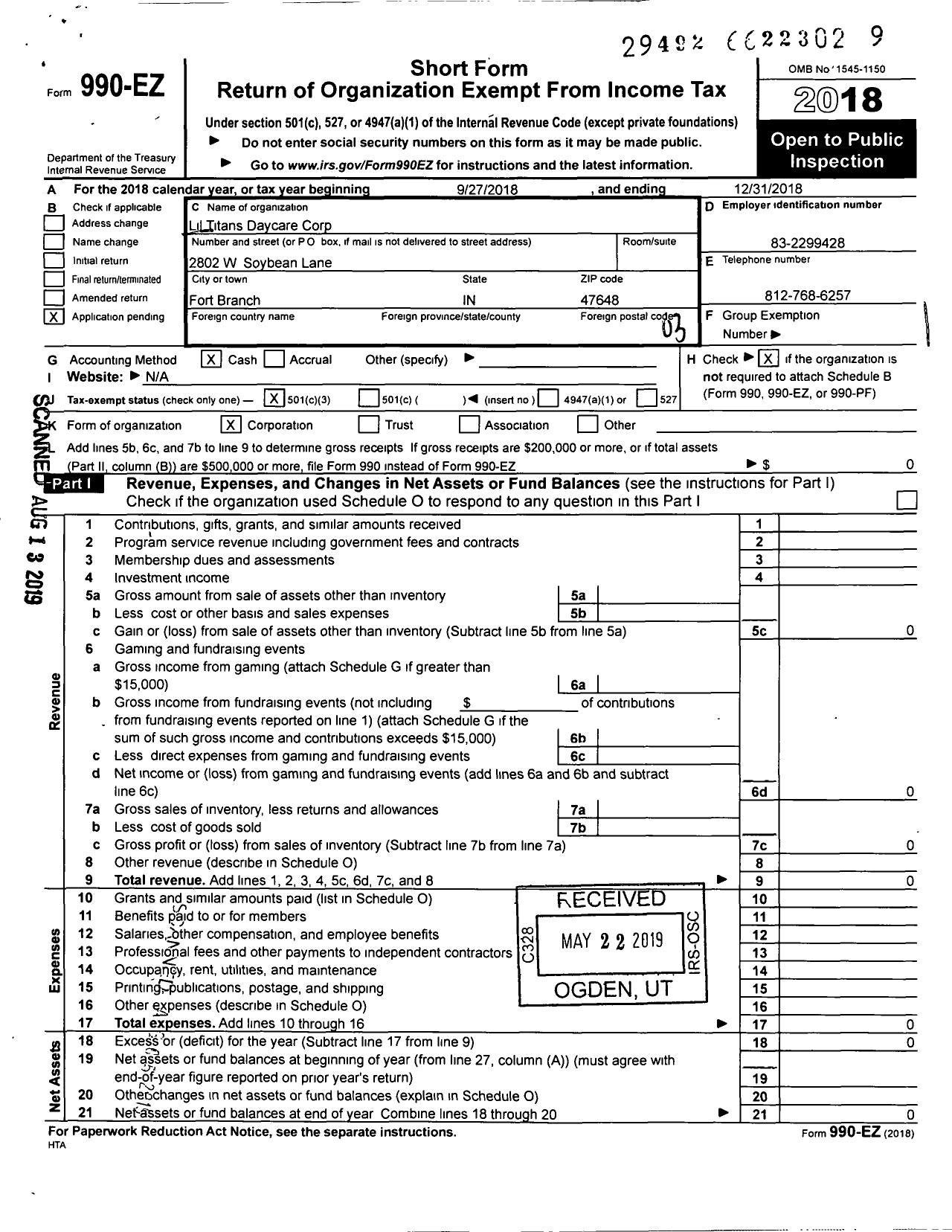 Image of first page of 2018 Form 990EZ for Lil Titans Daycare Corp