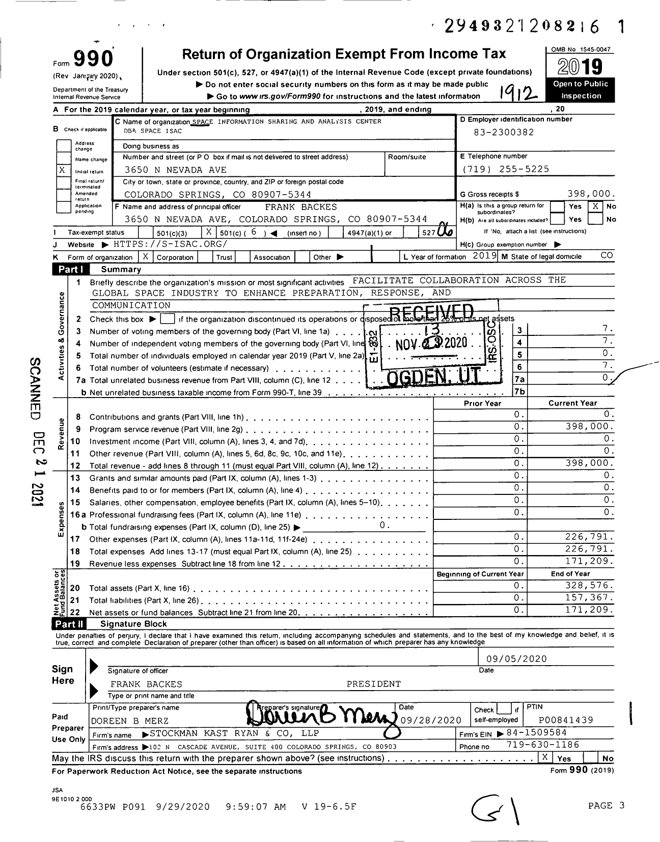 Image of first page of 2019 Form 990O for Space ISAC