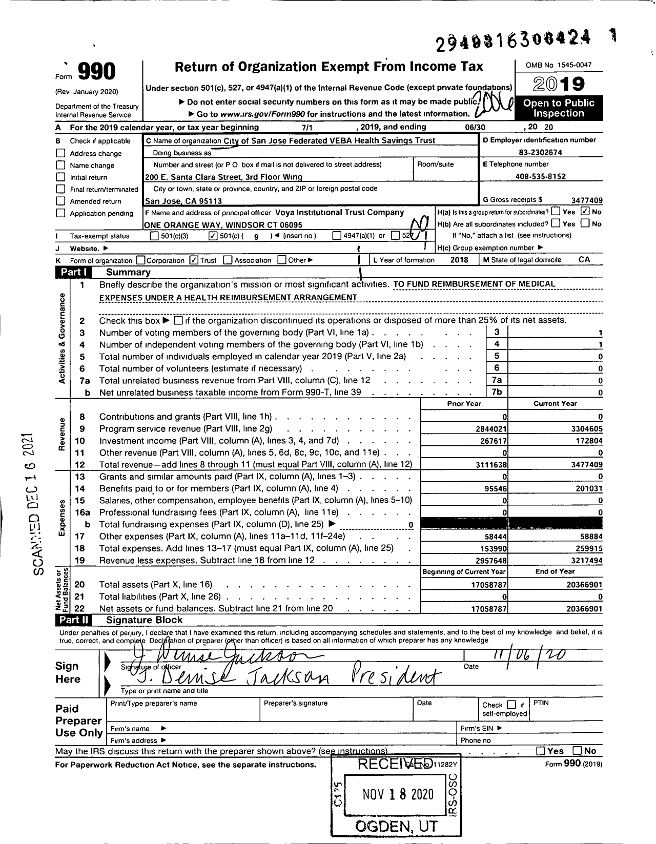 Image of first page of 2019 Form 990O for City of San Jose Federated Veba Health Savings Trust